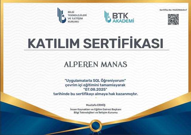 Certificate for BTK-Uygulamalarla SQL Öğreniyorum