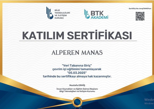Certificate for BTK-Veri Tabanına Giriş