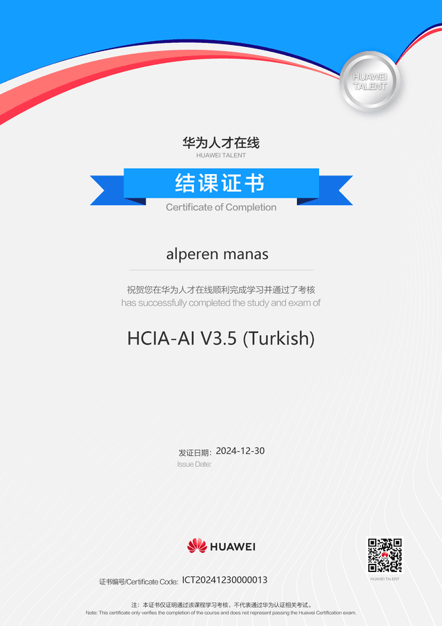 Certificate for Huawei HCIA-AI V3.5 (Turkish)